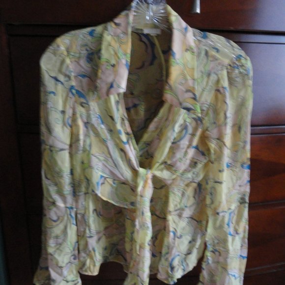 ILLIA  Long Sleeves - 100% Silk Sheer Floral Blouse -  Yellow Floral - Size 2. - Picture 6 of 11